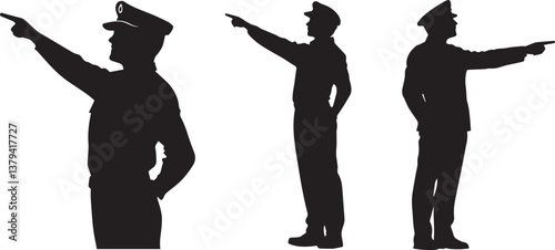 Silhouette of a commercial airline pilot pointing toward the sky vector silhouette