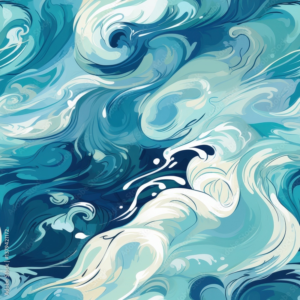 Swirling Seas Abstract blue and white waves create a dynamic, stylized background. Oceanic energy is palpable in this fluid, cartoon-like design tile pattern