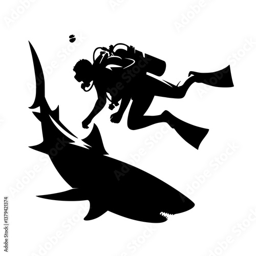 Silhouette of diver and shark