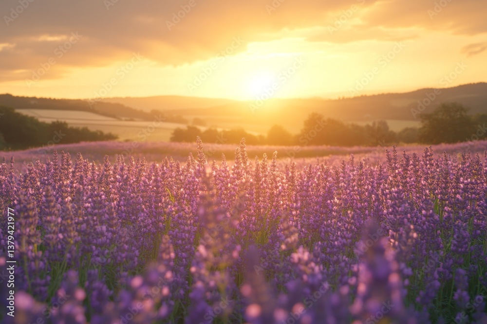 Obraz premium Field of blooming lavender under sunset light in countryside
