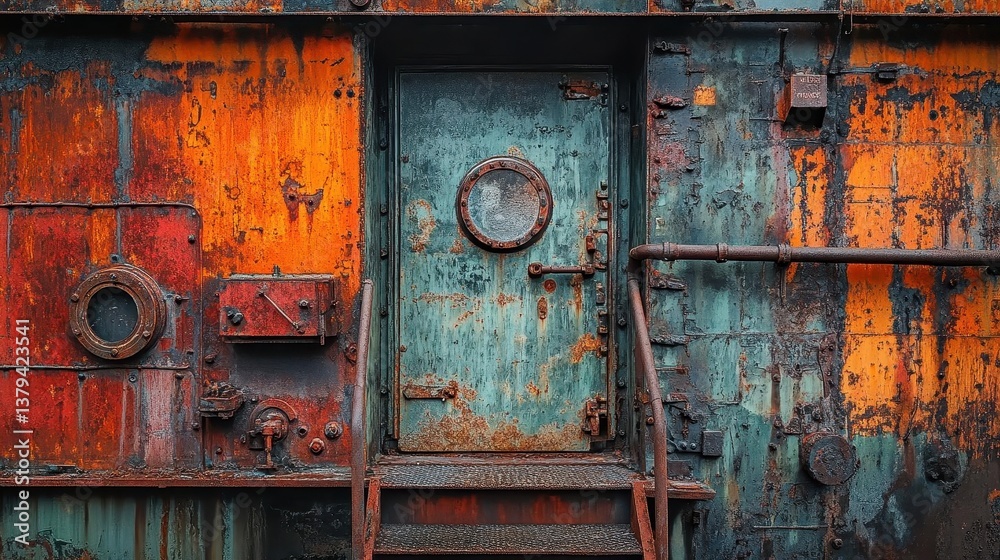 A traveler discovering an old, decaying industrial building with rusted structures, Urban Decay, Gritty and historical A traveler discovering an old, decaying industrial building with rusted structures, Urban Decay, Gritty and historical