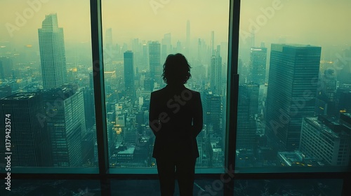 Ceo gazing from a new standard office skyscraper business insight urban landscape reflective perspective executive vision