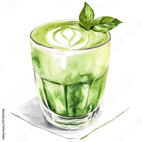 watercolor vector of Matcha Latte, isolated on a white background. Matcha Latte vector

