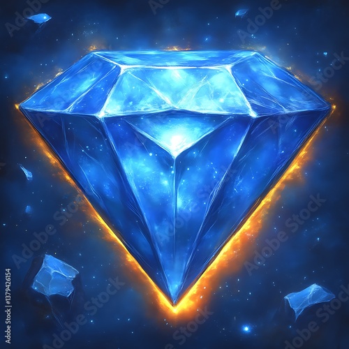 Radiant blue diamond, glowing, cosmic background