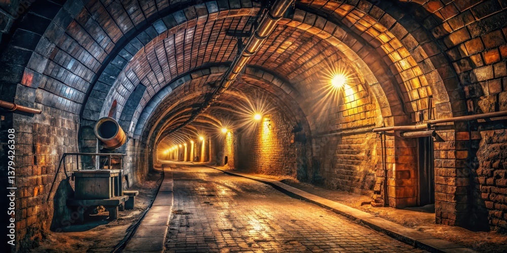 Fototapeta premium A Journey Through Time An Enigmatic Brick Tunnel Illuminated by Golden Lights