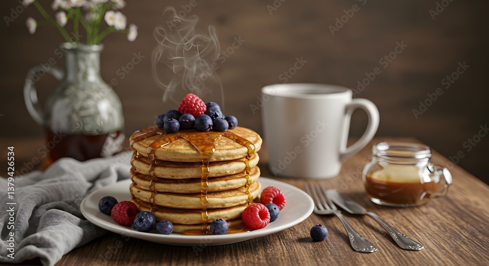Fresh pancakes with blueberries and raspberries drizzled with syrup Fresh pancakes with blueberries and raspberries drizzled with syrup