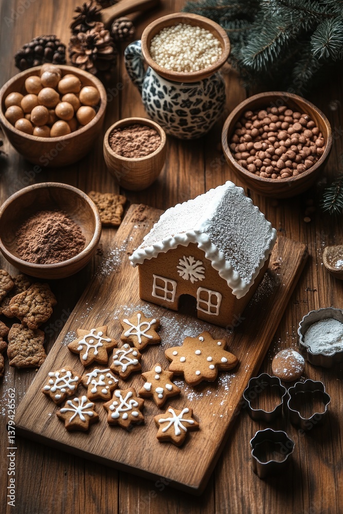 Fototapeta premium Gingerbread House Decoration Christmas Cookies Craft Activity with Royal Icing and Cookie Cutters in Cozy Scandinavian Style