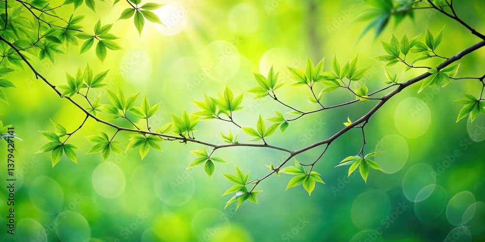 Vibrant Spring Branch with Fresh Green Leaves and Sunlight Filtering Through a Lush Forest Vibrant Spring Branch with Fresh Green Leaves and Sunlight Filtering Through a Lush Forest