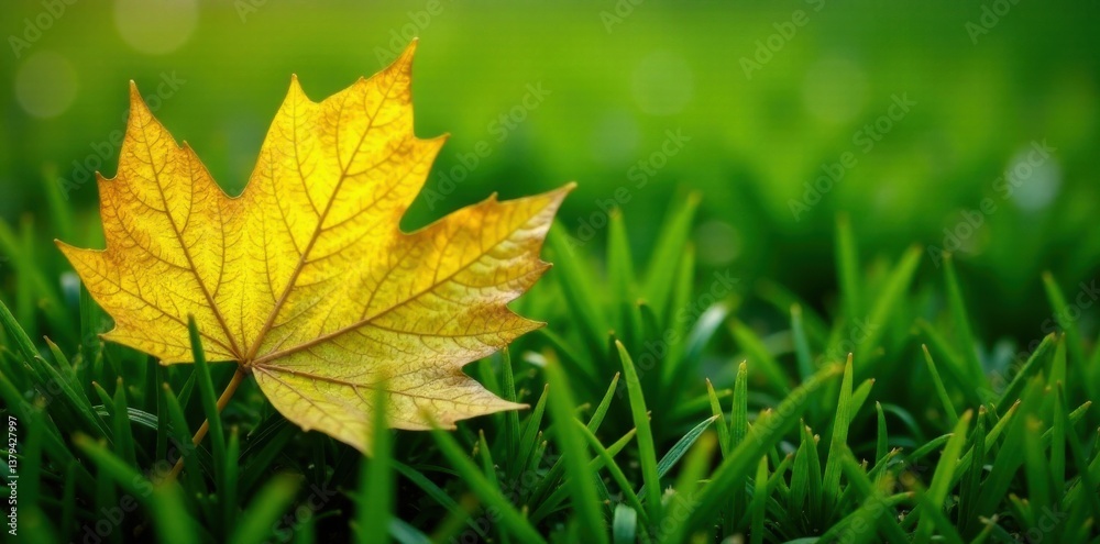 Yellow leaf with gold foil texture overlapping on green grass , summer decoration, foliage, golden foil