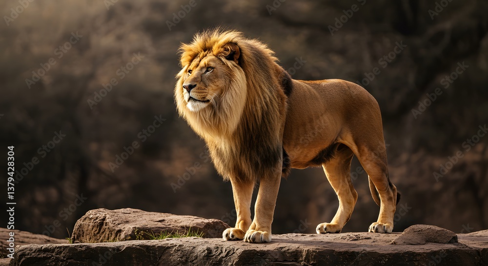 Fototapeta premium Majestic Lion Standing Tall on Rocky Outcrop in Natural Habitat
