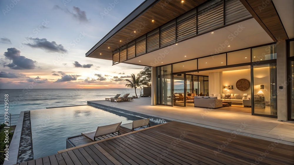 Fototapeta premium Luxury villa with infinity pool overlooking the ocean at sunset with open living room and deck area