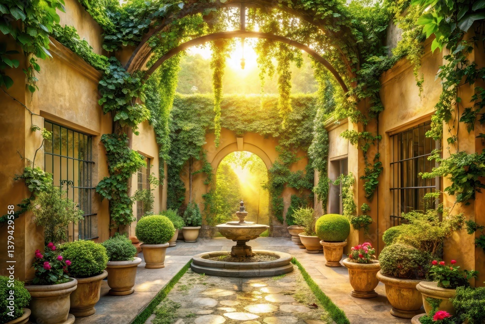 Fototapeta premium Sunlit Courtyard Oasis Serene Garden Fountain and Lush Greenery in a Tranquil Architectural Setting