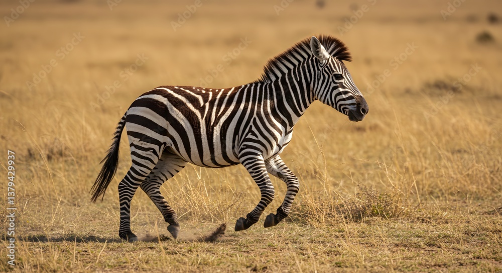 Obraz premium Zebra running fast across the African savanna during golden hour