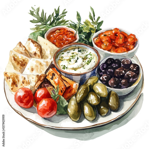 watercolor vector of Meze Platter, isolated on a white background. Meze Platter vector

