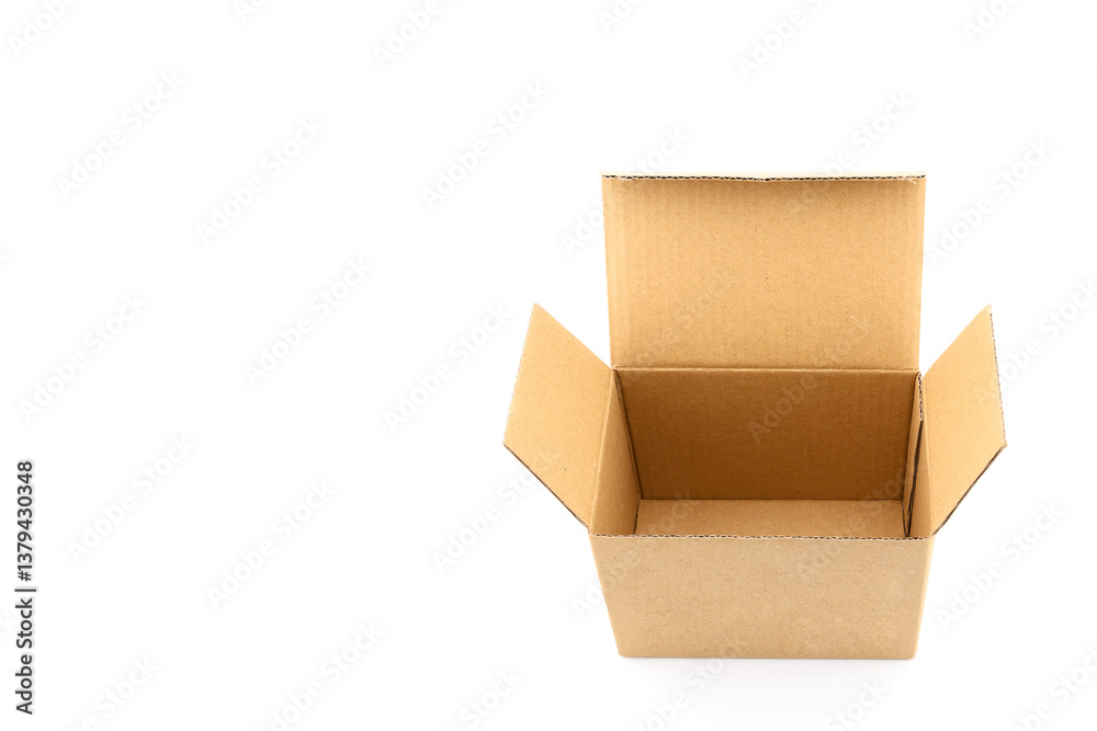 plain brown cardboard box with one lid open showing its spacious interior close-up isolated on white plain brown cardboard box with one lid open showing its spacious interior close-up isolated on white