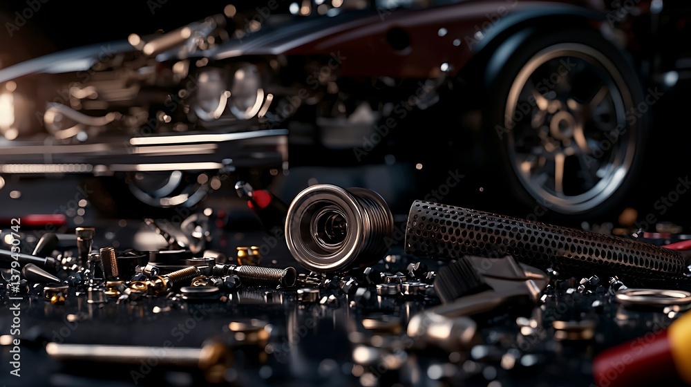 Fototapeta premium Close-up of scattered automotive tools and parts with a blurred vintage car in the background