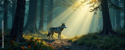 Wolves roaming freely in a misty forest , wildlife, animal, forest
