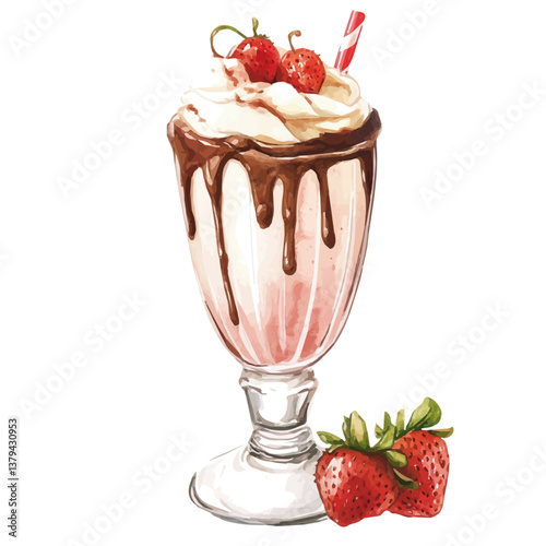 watercolor vector of Milkshake Vanilla Chocolate Strawberry, isolated on a white background. Milkshake Vanilla Chocolate Strawberry vector

