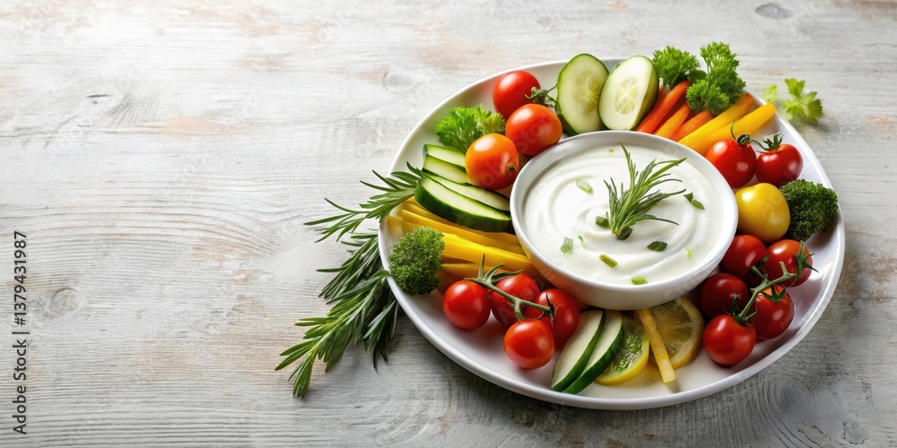 A vibrant platter of fresh vegetables and creamy dip, perfect for a healthy and delicious snack or appetizer, arranged artistically for a visually appealing presentation. A vibrant platter of fresh vegetables and creamy dip, perfect for a healthy and delicious snack or appetizer, arranged artistically for a visually appealing presentation.