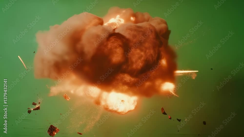 Powerful explosion with fiery debris expanding against green screen background, showcasing destructive energy and visual effects intensity