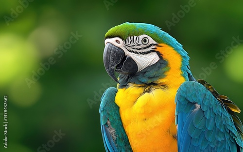 Blue and Yellow Macaw Parrot Portrait with a Lush Green Background