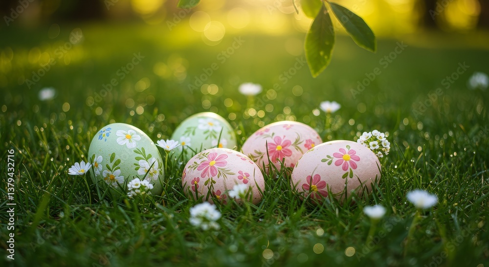 Fototapeta premium harmonious scattering of eggs painted with watercolor designs, resting among dewy grass and small white blossoms. Sunlight cascades gently through leafy branches above, adding depth and natural warm
