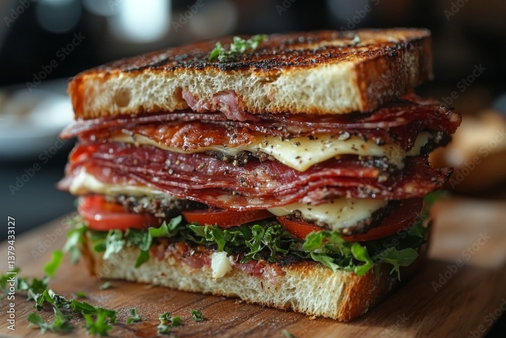 Stacked sandwich with meat vegetables and sauce on wooden board Stacked sandwich with meat vegetables and sauce on wooden board