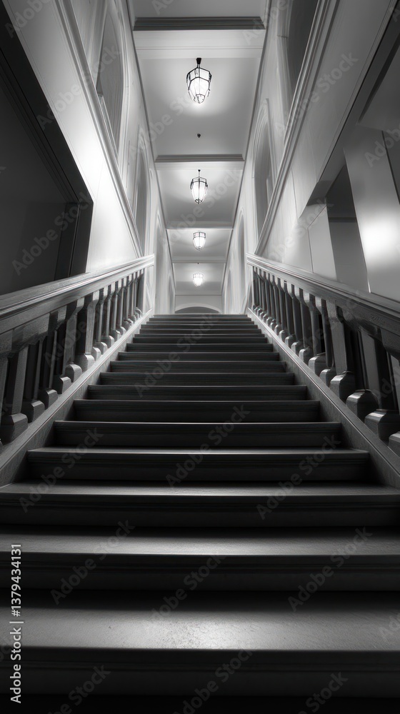 Fototapeta premium Monochromatic Stairwell Ascend, Leading Lines to Illuminating Fixtures