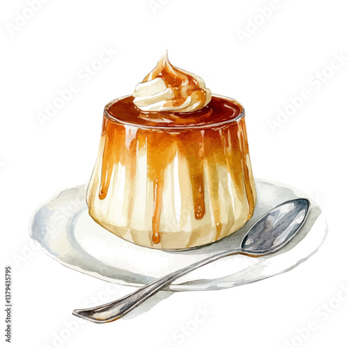 watercolor vector of Miso Caramel Pudding, isolated on a white background. Miso Caramel Pudding vector
