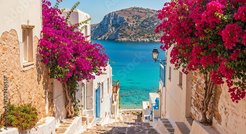 Fototapeta Naklejka Na Ścianę i Meble -  Greek Island Village Street Bougainvillea Sea View Sunny