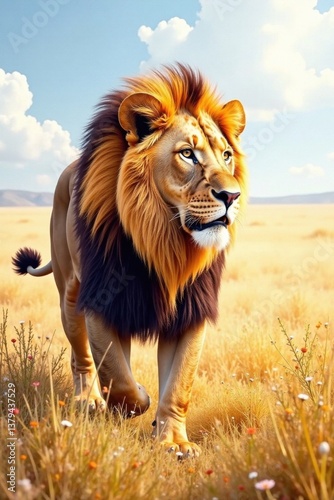 Watercolor lion with mane in a savannah scene, animal, savannah, landscape