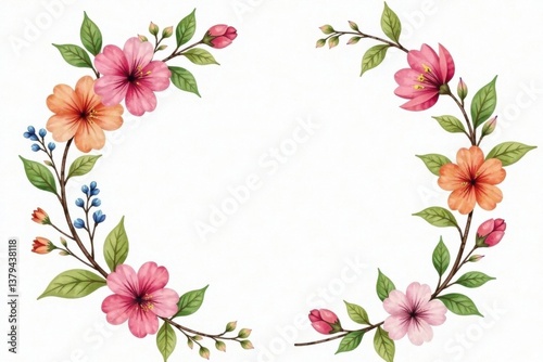 Watercolor floral wreath surrounding a delicate vase filled with fresh flowers , organic, wreath, watercolor