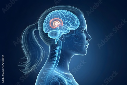 3D medical illustration of a human female head and neck in a side profile view, highlighting the thalamus within the brain