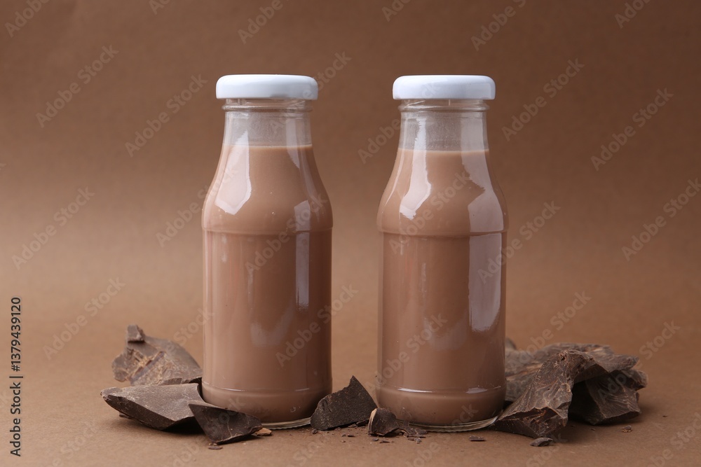 Tasty chocolate milk in glass bottles and pieces of chocolate on brown background, closeup