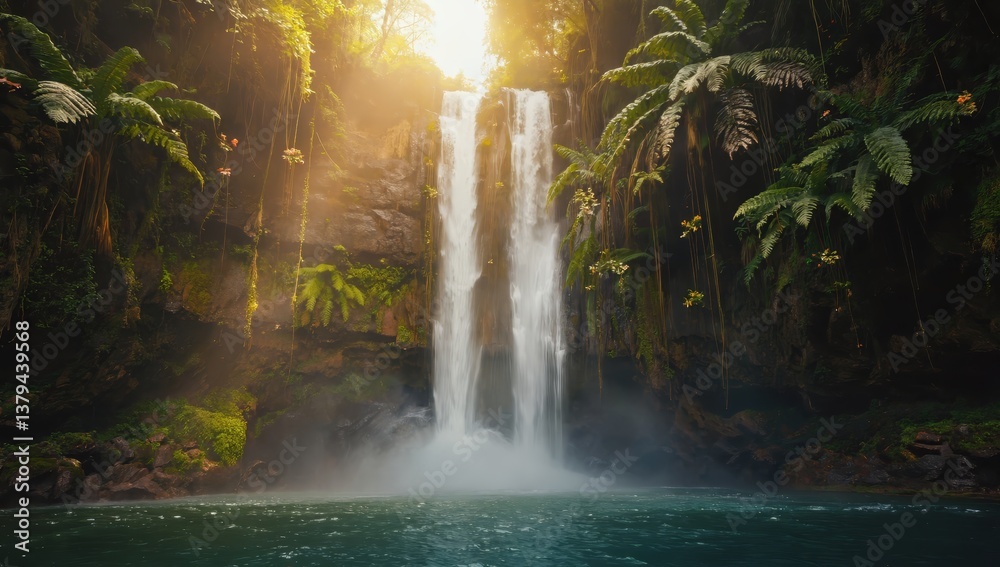 Tropical Paradise: Waterfall Plunging into Pool Bathed in Golden Sunlight - Made with Generative AI Tropical Paradise: Waterfall Plunging into Pool Bathed in Golden Sunlight - Made with Generative AI