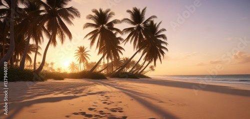Wallpaper Mural Warm sandy beach with swaying palm trees at sunset, golden light, sandy, tropical Torontodigital.ca