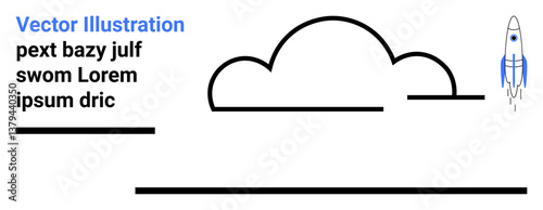 Rocket launching beside abstract cloud and black linear patterns. Ideal for innovation, startups, technology, progress, success, creativity, simple landing page