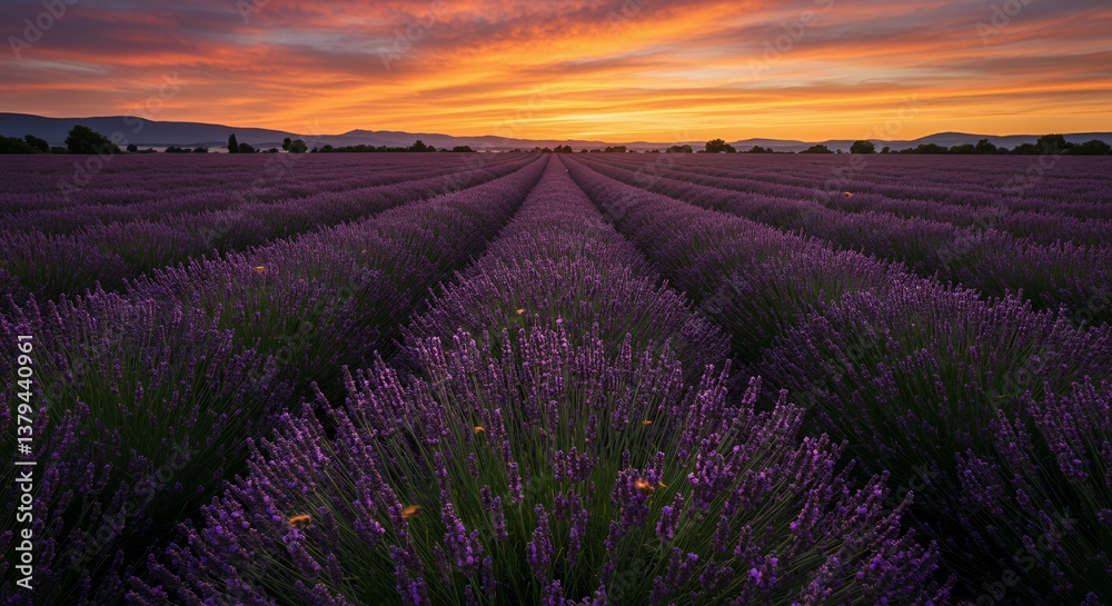 Fototapeta premium Sunset Over Lavender Field with Bees