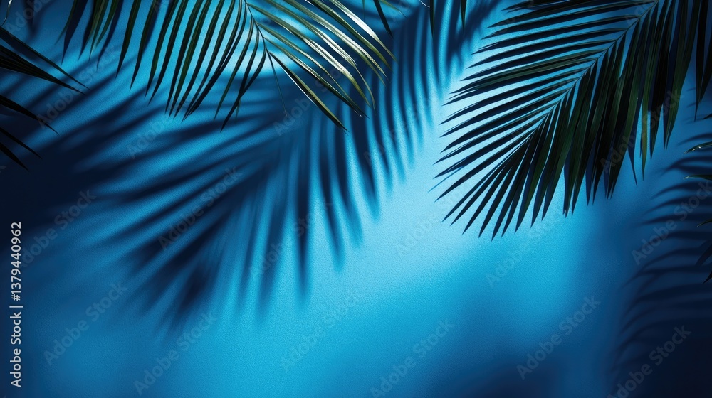 Fototapeta premium Abstract blue background with palm leaf shadow for cosmetic product presentation.