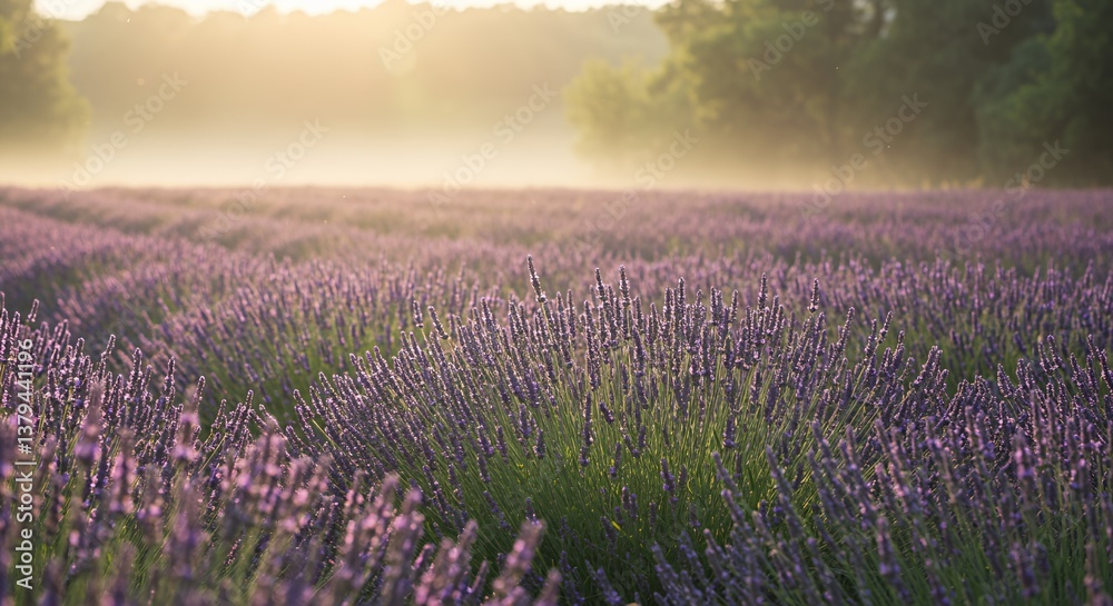 Fototapeta premium Sunlit Lavender Field at Sunrise: Soft Focus, Hazy Light, Gentle Breeze