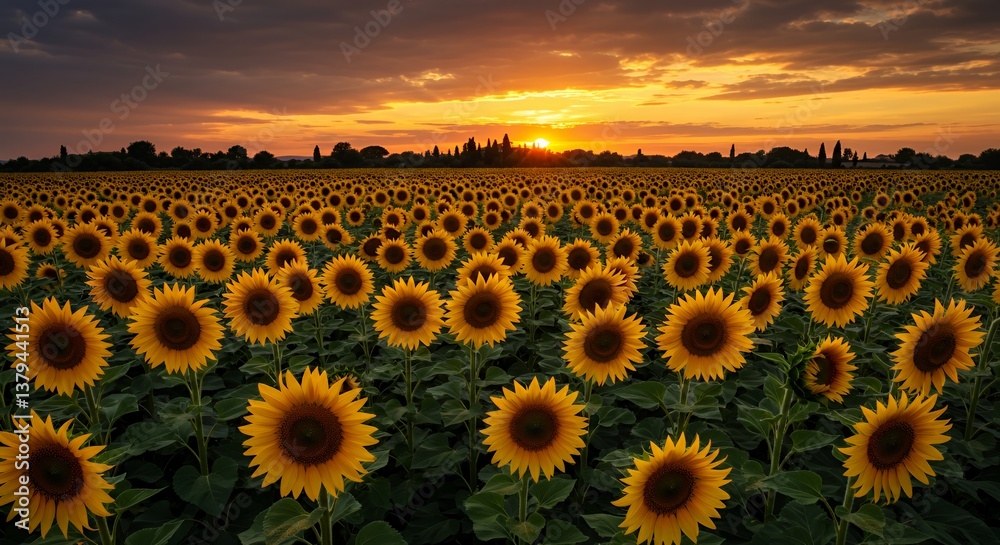 Obraz premium Golden Hour Sunflowers: A Vast Field at Sunset