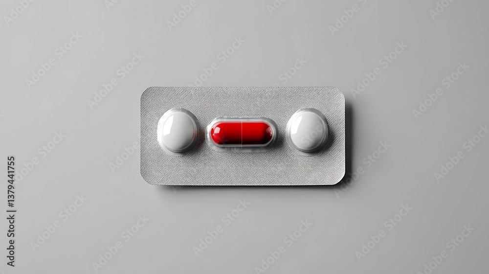 Medical treatment for illness with white tablets and a red capsule displayed in a blister pack on a solid gray background. Medical treatment for illness with white tablets and a red capsule displayed in a blister pack on a solid gray background.