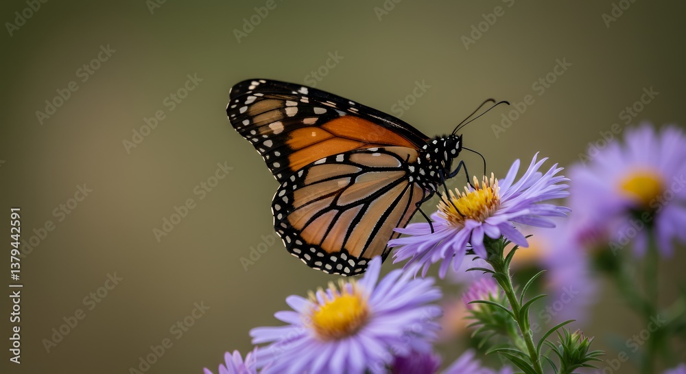 Fototapeta premium Monarch Butterfly on Purple Asters Macro Photograph
