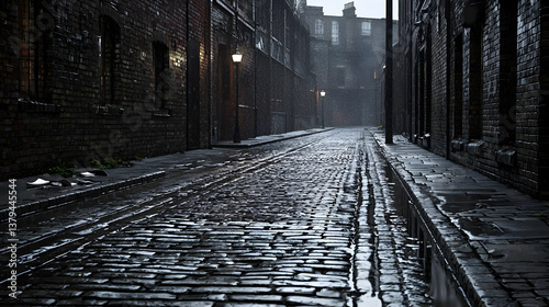 Rainy Night in a Dark Cobblestone Alley