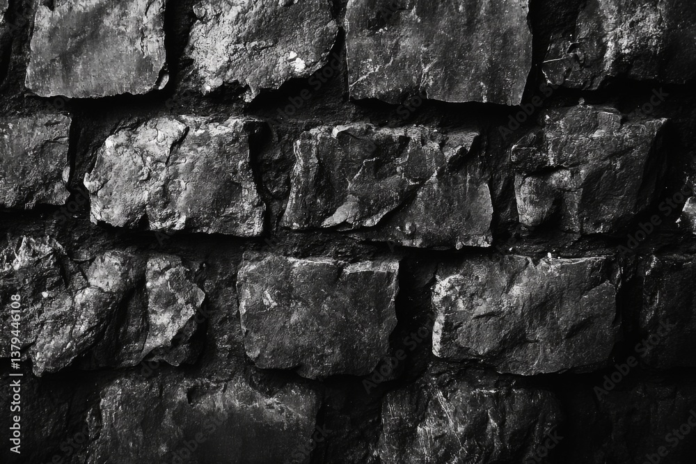 Fototapeta premium Grayscale image of textured stone wall with uneven rough surfaces