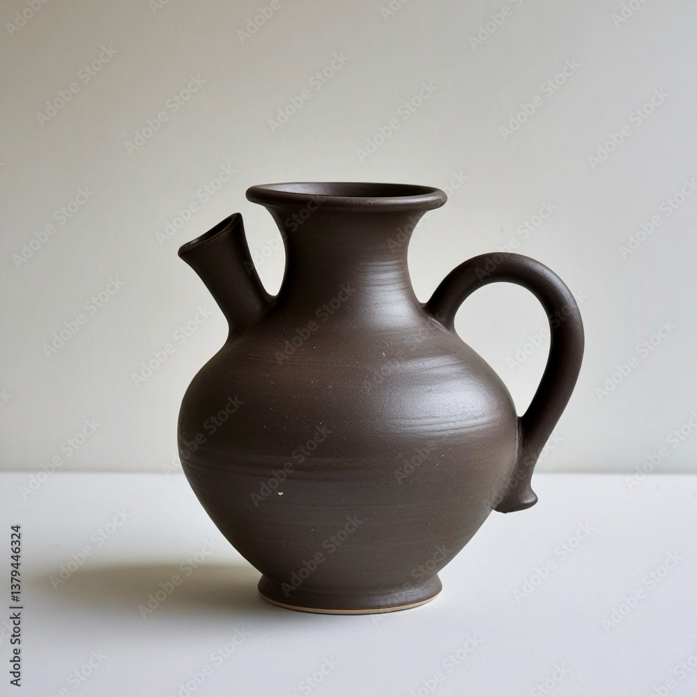 Brown earthenware pitcher with a rounded body, spout, and curved handle on a light surface against an off-white background.
Brown earthenware pitcher with a rounded body, spout, and curved handle on a light surface against an off-white background.