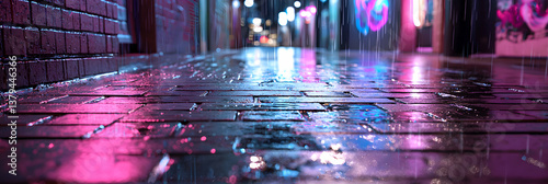 Rainy Night City Street with Neon Lights Reflections photo