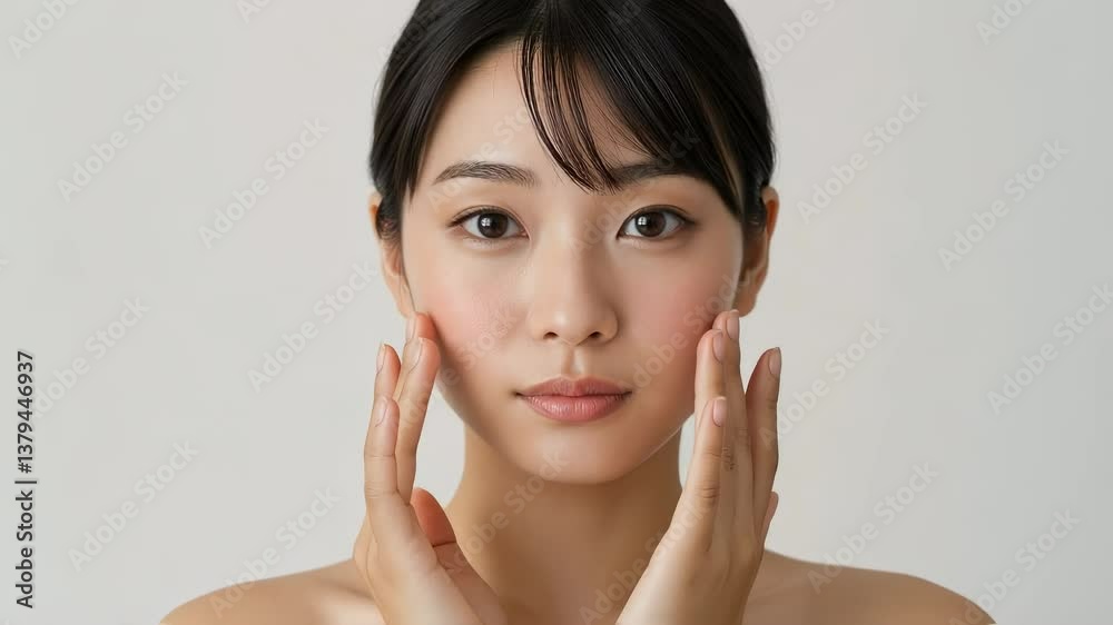両手を頬にあて、スキンケアをアピールする真剣な眼差しの素肌の女性 両手を頬にあて、スキンケアをアピールする真剣な眼差しの素肌の女性