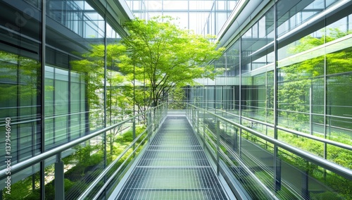 A modern glass and steel architecture showcasing natural greenery inside