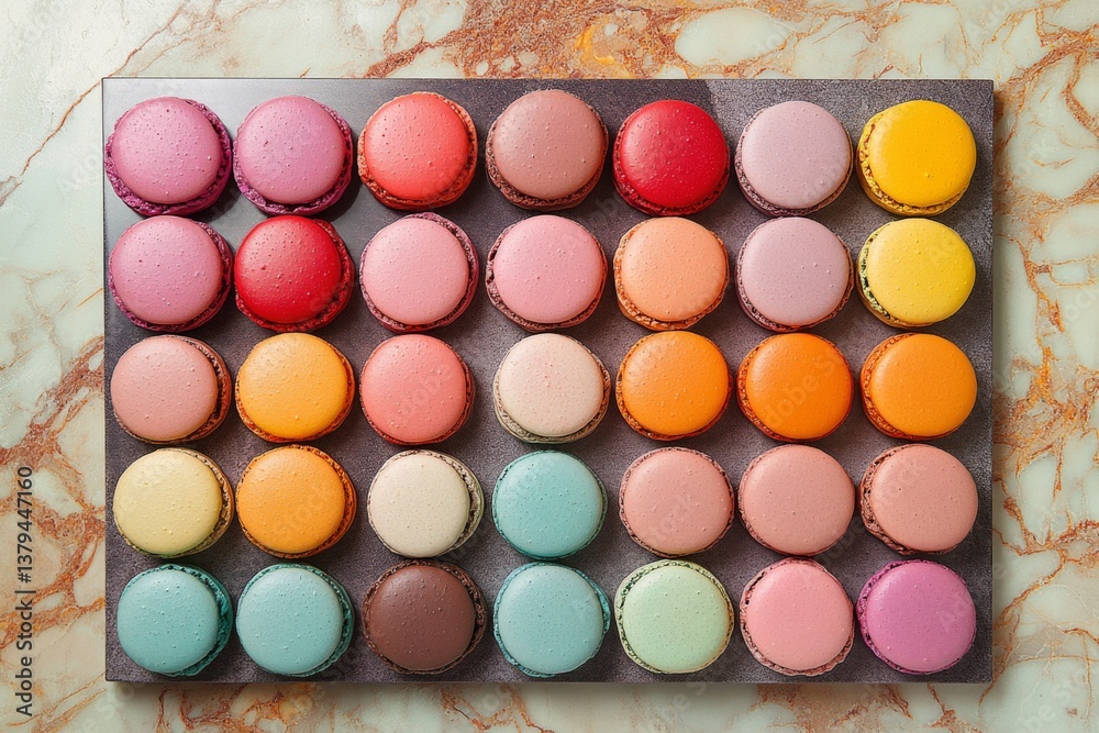 Obraz premium Assorted colorful macarons arranged in rows in a box from top view